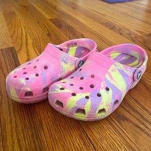 Gently used Purple, pink and yellow marbled Crocs